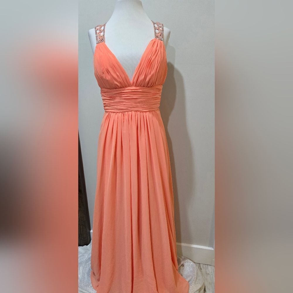 B Darlin Peach Chiffon Plunge Sequins Cutout Ladder Back Formal Gown 9/10